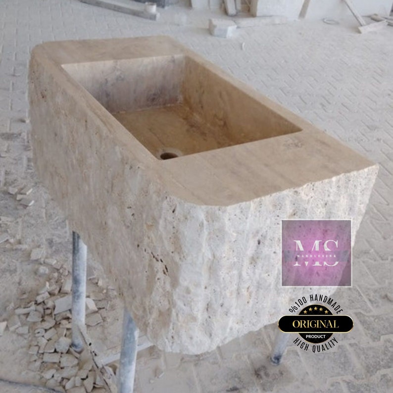Travertine Rough Chiseled Sink Wall Mount Travertine Sink Marble Bathroom Sink Powder Room Sink Custom Wall Mount Sink with Rough Apron Sink