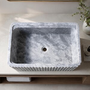 Luxury Handcrafted Tundra Gray Marble Wall Mounted Fluted Sink
Natural Stone Bathroom Vanity Basin by MarbleSinkCo, Gray  marble sink - countertop sink - vanity sink - farmhouse sink - vessel sink - splashback sink - bathroom sink - wall-mounted marble sink - wall-mounted sink - kitchen sink - console pedestal marble sink - cabinet top sink - marble sink with wooden drawers - square