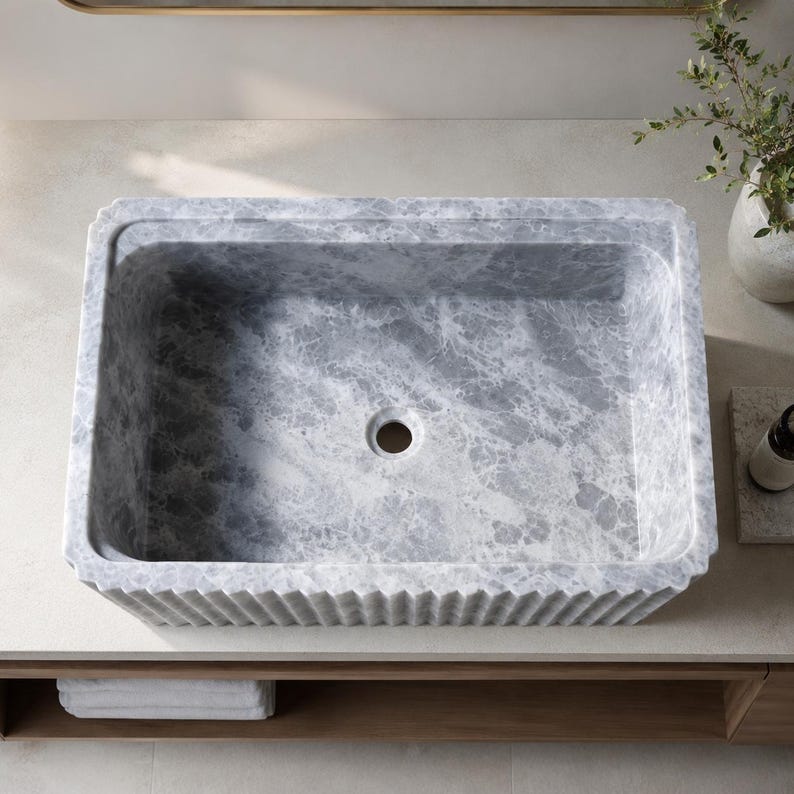 Luxury Handcrafted Tundra Gray Marble Wall Mounted Fluted Sink
Natural Stone Bathroom Vanity Basin by MarbleSinkCo, Gray  marble sink - countertop sink - vanity sink - farmhouse sink - vessel sink - splashback sink - bathroom sink - wall-mounted marble sink - wall-mounted sink - kitchen sink - console pedestal marble sink - cabinet top sink - marble sink with wooden drawers - square