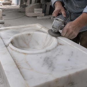 Close up detail of Calacatta Gold marble sink showing natural gray and gold veining, polished stone surface, carved round basin and recessed top tray design