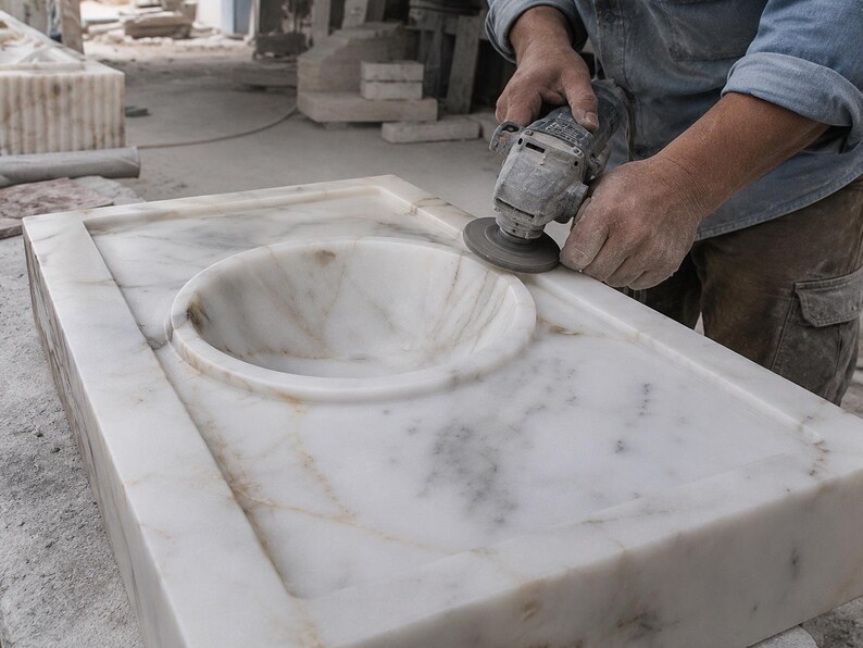 Close up detail of Calacatta Gold marble sink showing natural gray and gold veining, polished stone surface, carved round basin and recessed top tray design