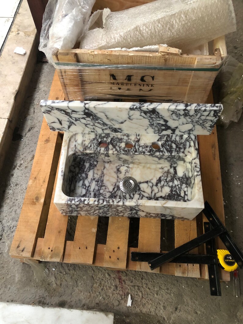 Calacatta Viola Marble Sink, Floating Sink With Backsplash, Marble Sink Vanity, Powder Room Sink, Wall Mounted Sink, Bathroom Sink #etsy
