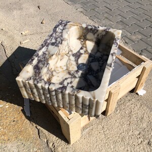 Natural Stone Vessel Bathroom Sink, Chiseled Calacatta Marble Sink, Stone Floating Bathroom Sink, Square Marble Vanity Fluted Vanity Basin