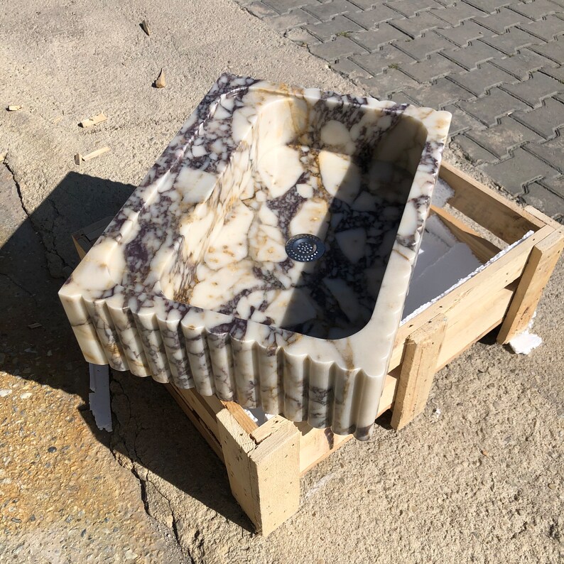 Natural Stone Vessel Bathroom Sink, Chiseled Calacatta Marble Sink, Stone Floating Bathroom Sink, Square Marble Vanity Fluted Vanity Basin