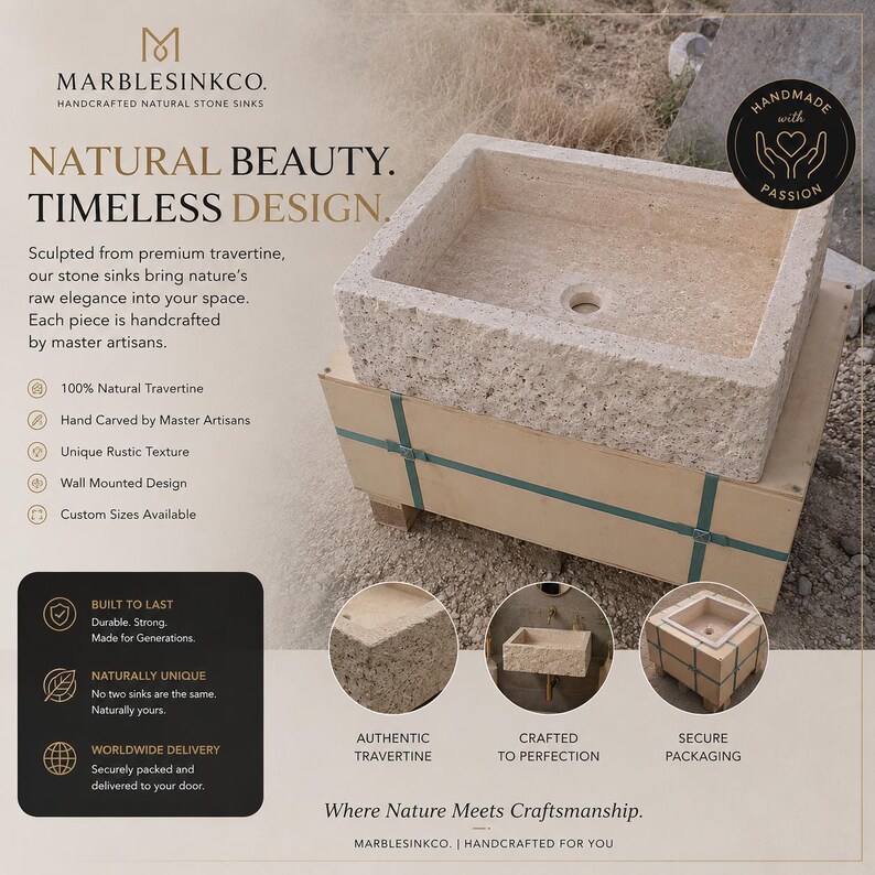 Luxury handcrafted natural travertine wall mounted bathroom sink installed in a premium modern bathroom with chrome fixtures.