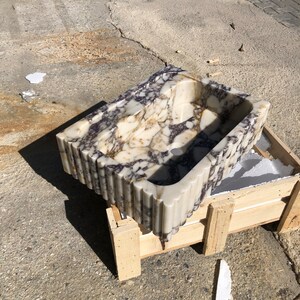 Natural Stone Vessel Bathroom Sink, Chiseled Calacatta Marble Sink, Stone Floating Bathroom Sink, Square Marble Vanity Fluted Vanity Basin