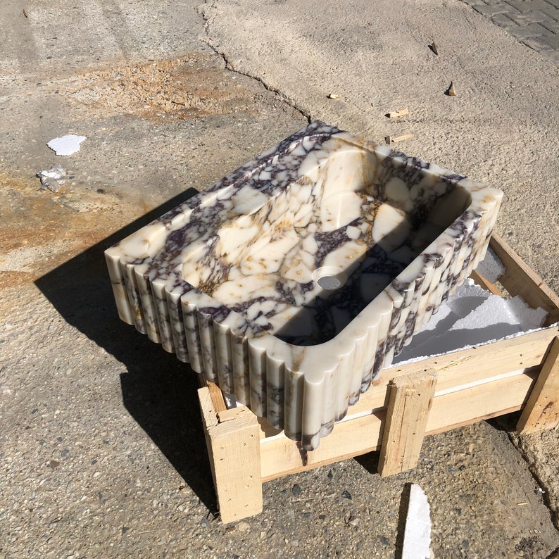 Natural Stone Vessel Bathroom Sink, Chiseled Calacatta Marble Sink, Stone Floating Bathroom Sink, Square Marble Vanity Fluted Vanity Basin