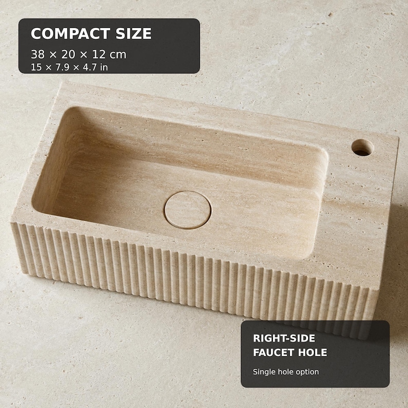 Compact travertine sink dimensions 38 by 20 by 12 cm with right-side faucet-hole configuration