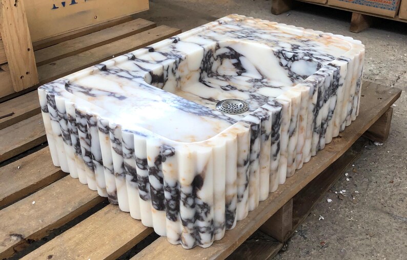 Calacatta Viola Marble Fluted Sink Wall Mount Marble Sink Marble Bathroom Sink Powder Room Sink Custom Vanity Top Natural Stone Marble Sink