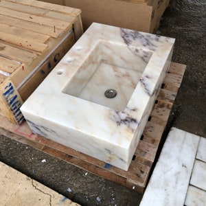 Wall hung Vessel Sink with 3 faucet holes Calacatta Gold Floating Sink, Farmhouse Kitchen Sink, Rough Stone Sink Marble Sink Bathroom Vanity