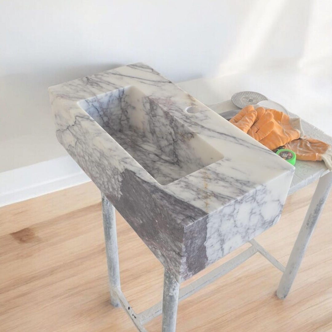 Hand-Carved White Marble Sink: Gray Veins, Wall Mount or Countertop