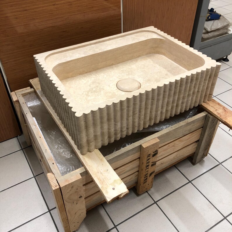 Stone Sink, Wall Mount , Marble Sink, Marble Washbasin, Natural Stone Sink, Powder Room Sink, White Marble , Ribbed Front Sink, Travertine