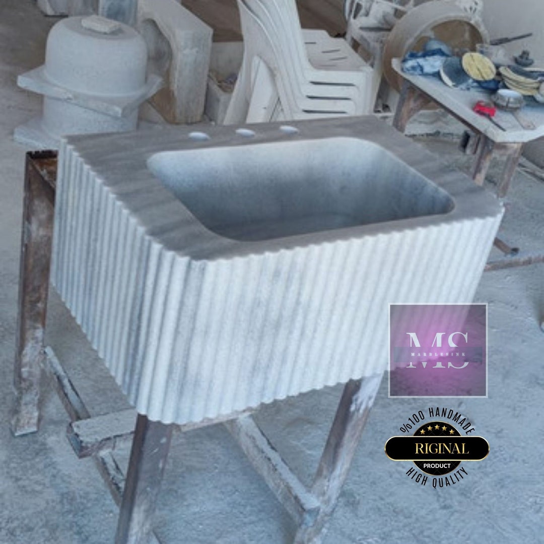 Hand-Carved Carrara Marble Sink: Fluted Wall-Mounted Bathroom Vanity