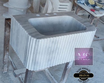 Hand-Carved Carrara Marble Sink: Fluted Wall-Mounted Bathroom Vanity by MarbleSinkCo