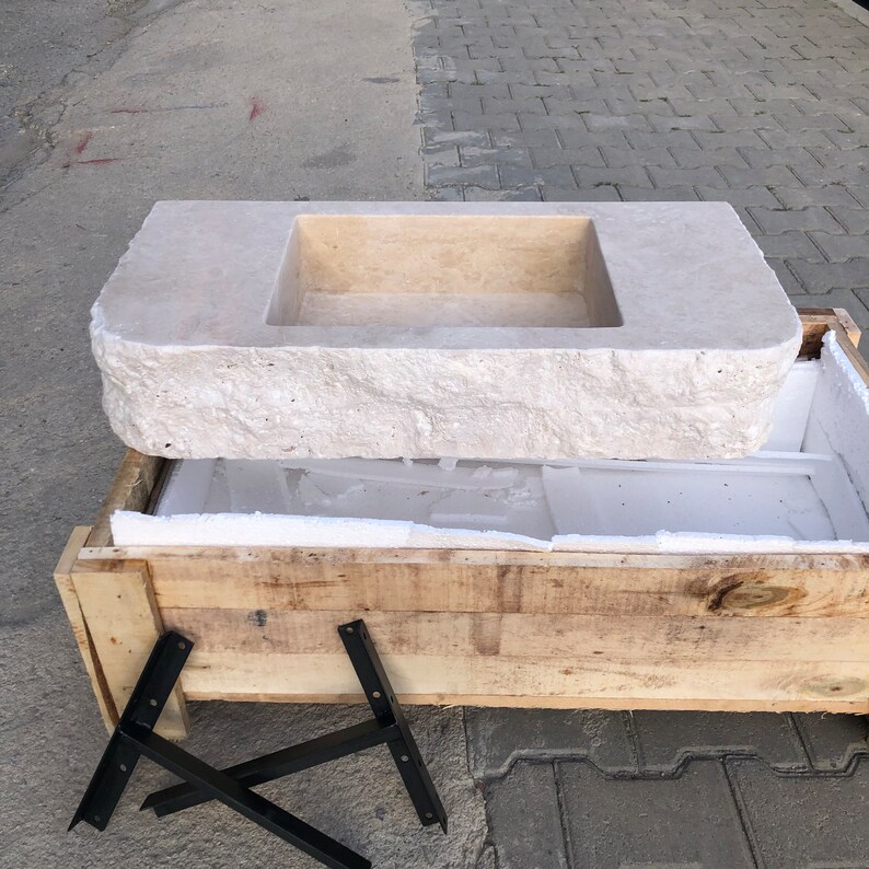 Travertine Sink, Rustic Design,  100% Natural Stone, Handcrafted - Custom Sink, Chiseled Sink, Rustic Sink, Handmade Design, Wall Sink Travertine Sink: Rustic Chiseled Natural Stone Bathroom Vanity