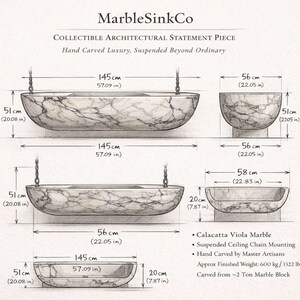 Luxury floating marble sink handcrafted from rare Calacatta Viola marble, suspended bathroom vanity basin designed for villas, penthouses and luxury homes, sculptural stone sink carved from a 2 ton marble block, architectural designer sink suspended with steel chains creating a stunning centerpiece for modern luxury bathrooms