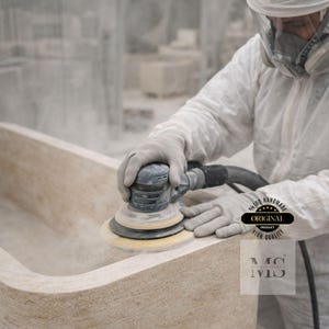 May include: A person wearing protective gear sands a light-colored stone bathtub with a power sander. The image includes a logo that says "Original Product High Quality" and "100% Handmade".