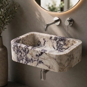 Calacatta Viola Marble Wall Mounted Sink, Luxury Floating Bathroom Vanity, Handmade Natural Stone Basin, Custom Fluted Marble Sink by MarbleSinkCo
