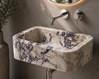 Lavabo a parete in marmo Calacatta Viola, lussuoso mobile bagno sospeso, lavabo in pietra naturale realizzato a mano, lavabo in marmo scanalato su misura