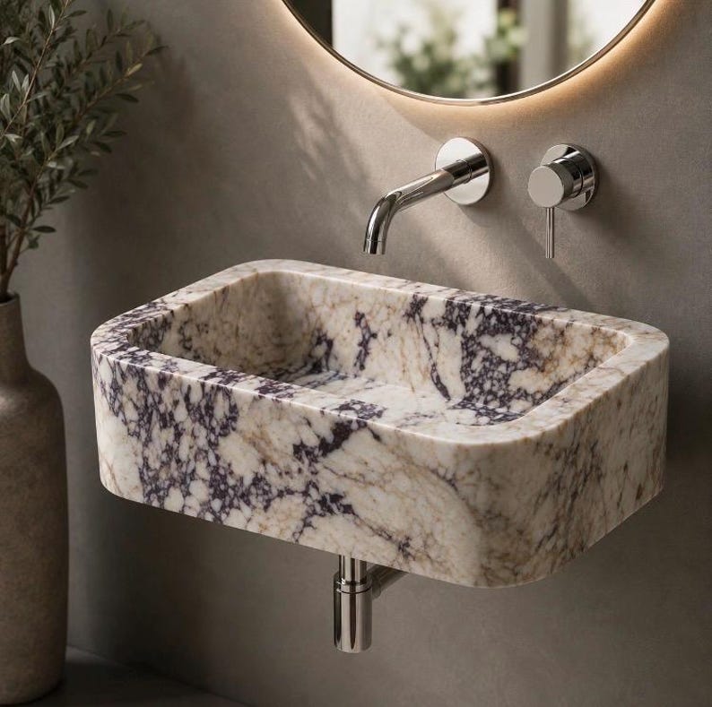 Calacatta Viola Marble Wall Mounted Sink, Luxury Floating Bathroom Vanity, Handmade Natural Stone Basin, Custom Fluted Marble Sink