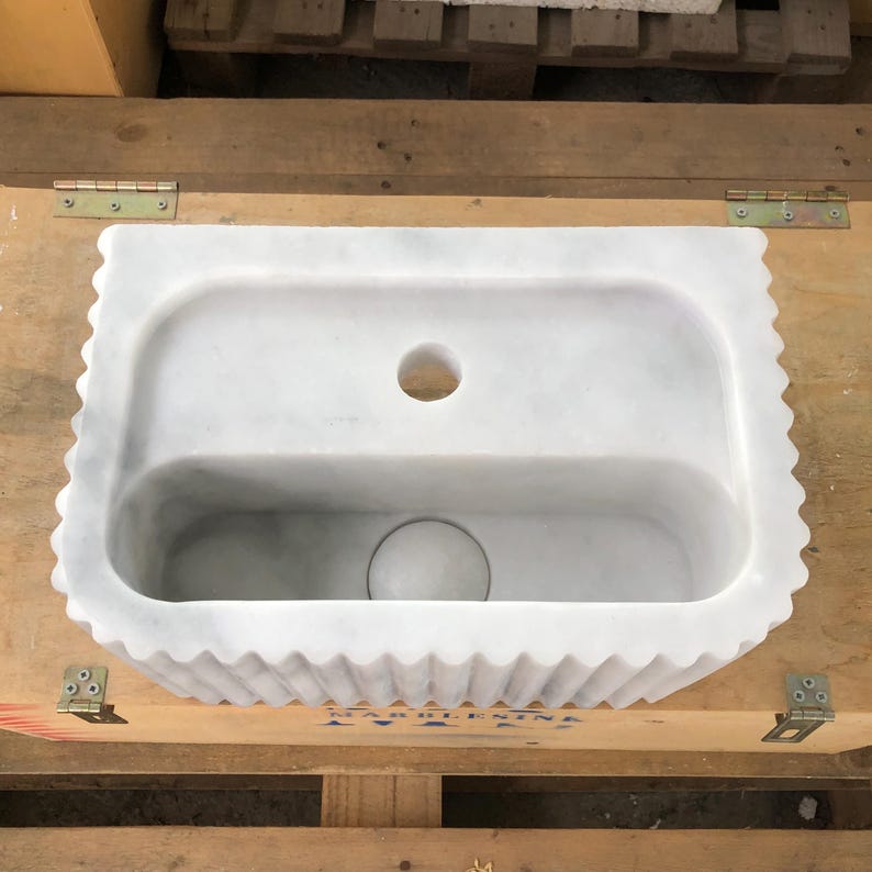 Handmade Glossy White Carrara Marble Sink, Fluted Front, Wall-Mounted or Countertop Vanity, 35x22x15cm Ideal for Bathroom, Office, Farmhouse