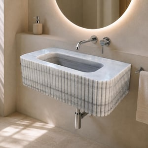 Fluted Carrara Marble Sink, Hand-Carved Wall Mount or Countertop Bathroom Basin by MarbleSinkCo