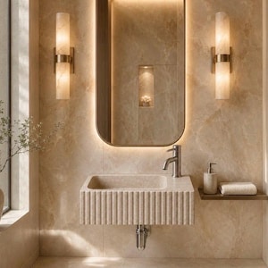 Luxury Light Travertine wall sink with fluted front, right faucet hole and matching stone drain cover