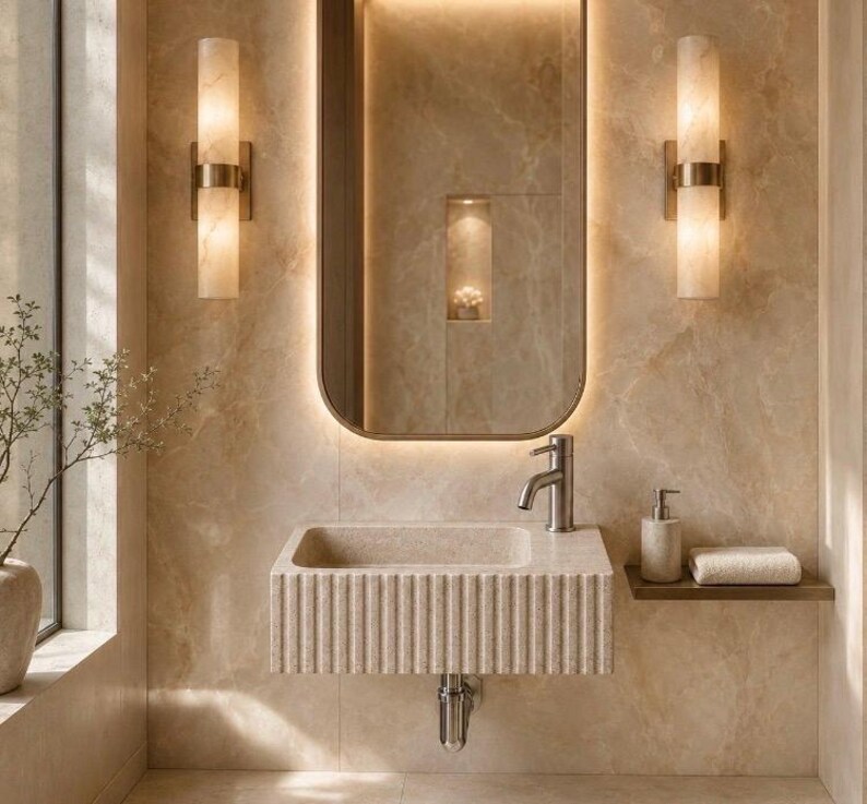 Luxury Light Travertine wall sink with fluted front, right faucet hole and matching stone drain cover