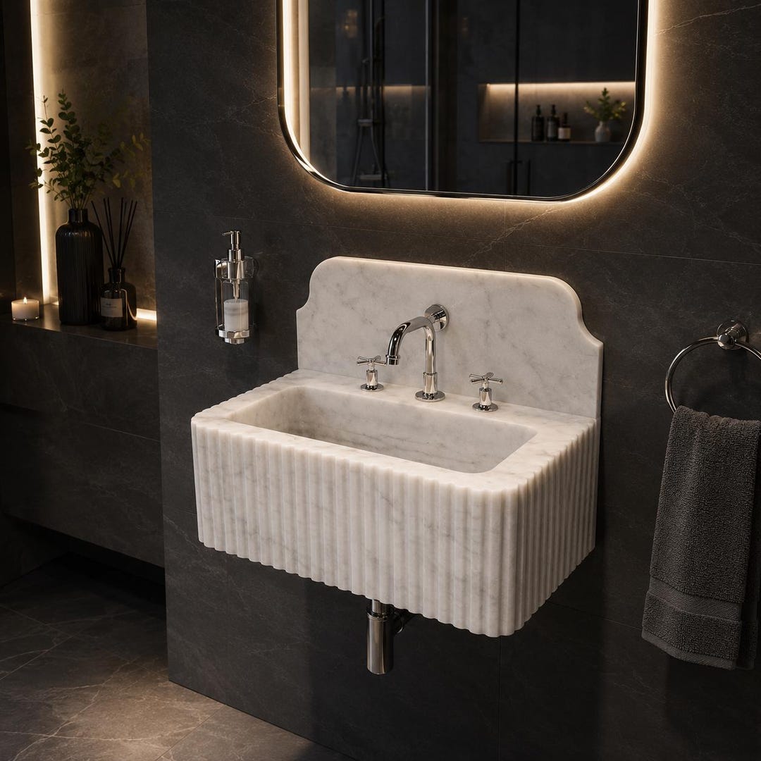 Hand-Carved Carrara Marble Vessel Sink, White Natural Stone Bathroom Basin