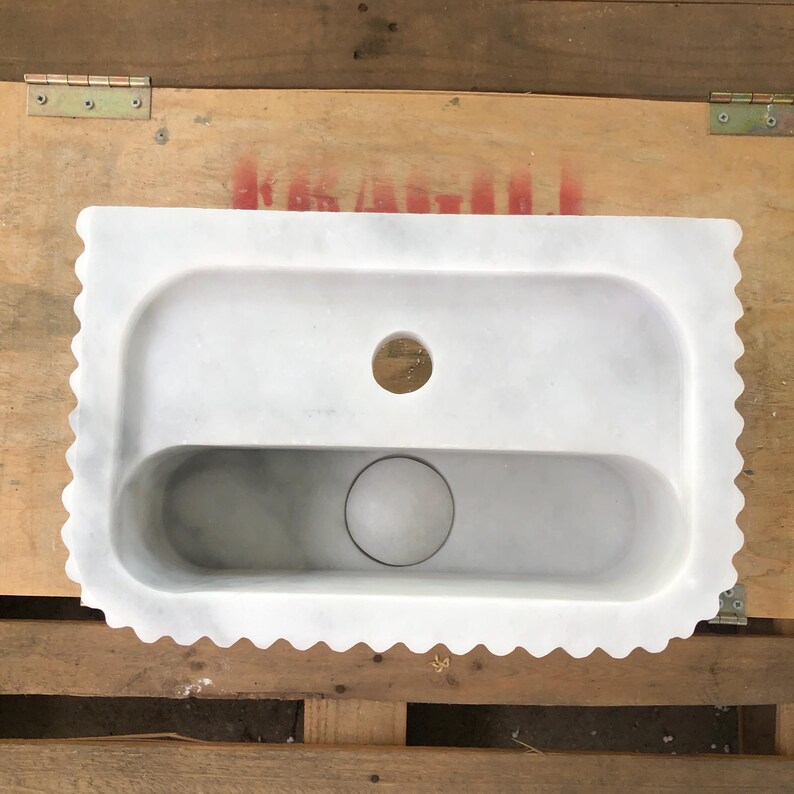 Handmade Glossy White Carrara Marble Sink, Fluted Front, Wall-Mounted or Countertop Vanity, 35x22x15cm Ideal for Bathroom, Office, Farmhouse