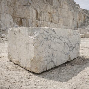 May include: A large, rectangular block of white marble with gray veining, resting on a sandy surface. The rough-hewn stone is in a quarry setting, with a layered rock face in the background. The block's dimensions suggest it could be used for construction or sculpture.