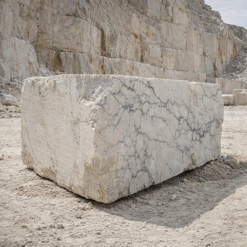 May include: A large, rectangular block of white marble with gray veining, resting on a sandy surface. The rough-hewn stone is in a quarry setting, with a layered rock face in the background. The block's dimensions suggest it could be used for construction or sculpture.