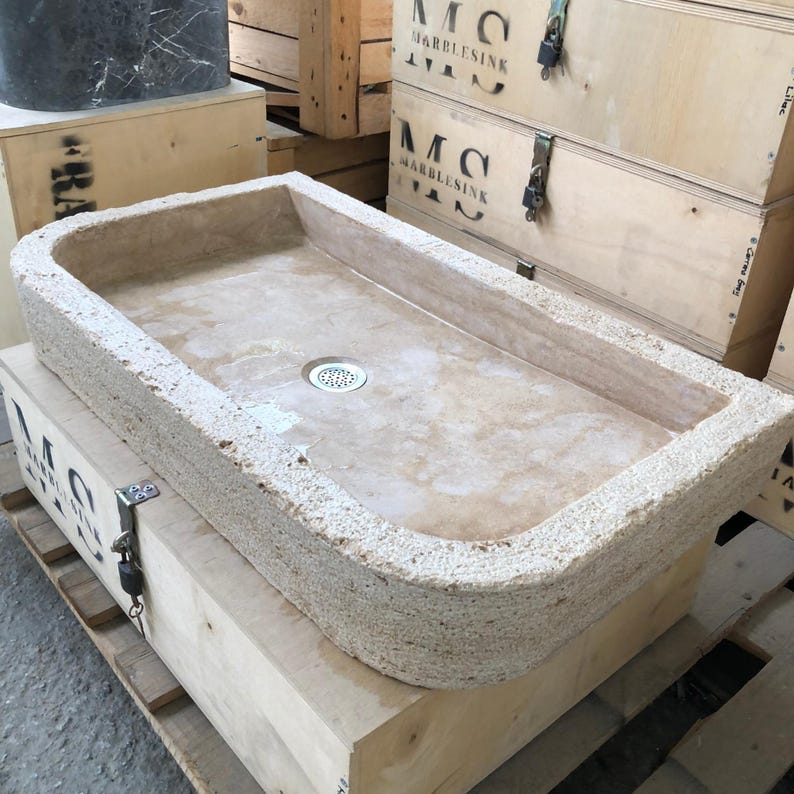 Hand-Carved Travertine Sink - 65x40x10 cm (25.6x15.7x3.9 inç) - Farmhouse & Rustic Bathroom Sink - Countertop/Wall Mounted