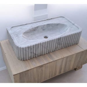 Carrara Marble Wall Mount Sink – Handmade Fluted Vanity Basin – Custom Floating Stone Sink – Modern Bathroom Vessel
