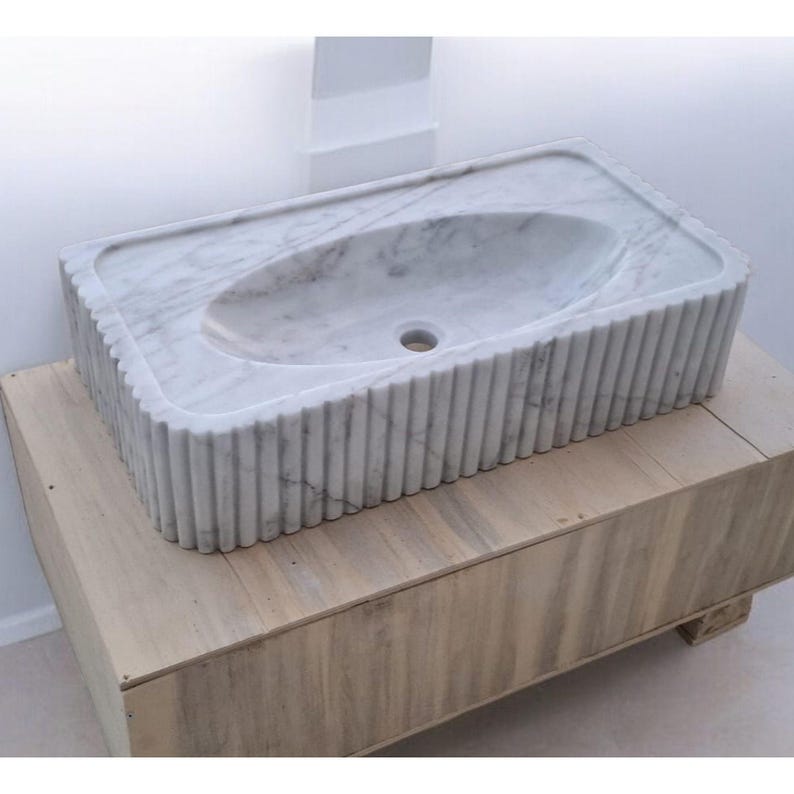 Carrara Marble Wall Mount Sink – Handmade Fluted Vanity Basin – Custom Floating Stone Sink – Modern Bathroom Vessel