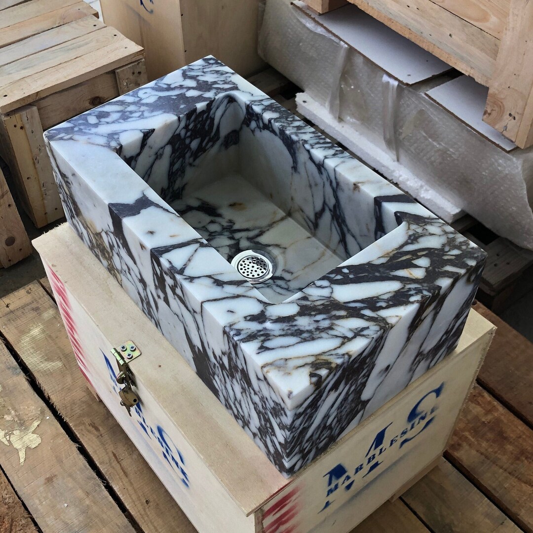 Handcrafted Calacatta Viola Marble Vessel Sink: Wall Mount Bathroom Vanity
