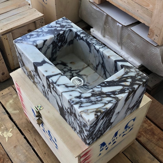 Handcrafted Calacatta Viola Marble Vessel Sink: Wall Mount Bathroom Vanity