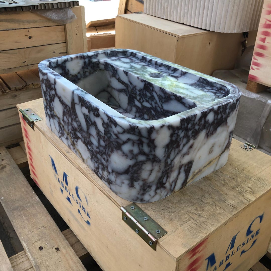 Handcrafted Calacatta Viola Marble Sink: Wall Mount Vanity Bathroom Sink