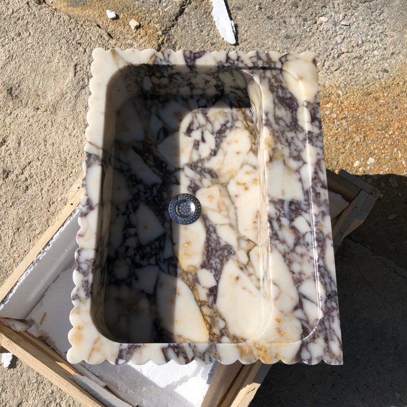 Natural Stone Vessel Bathroom Sink, Chiseled Calacatta Marble Sink, Stone Floating Bathroom Sink, Square Marble Vanity Fluted Vanity Basin
