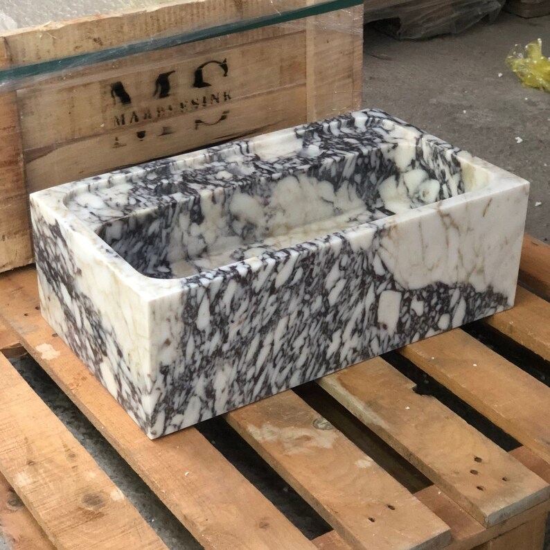 Lavabo de mármol Calacatta Viola tallado a mano: Lavabo de baño imagen 3