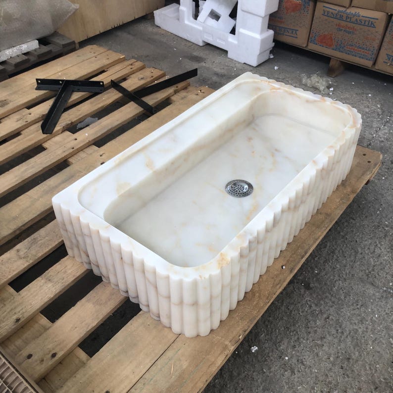 Calacatta Viola Marble Fluted Sink Wall Mount Marble Sink Marble Bathroom Sink Powder Room Sink Custom Vanity Top Natural Stone Marble Sink