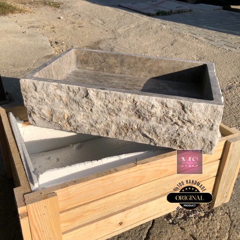 Rustic Travertine Wall Mount Sink – Natural Stone Vessel Sink – Hand-Carved Rectangle Bathroom Vanity – Modern Minimalist Basin