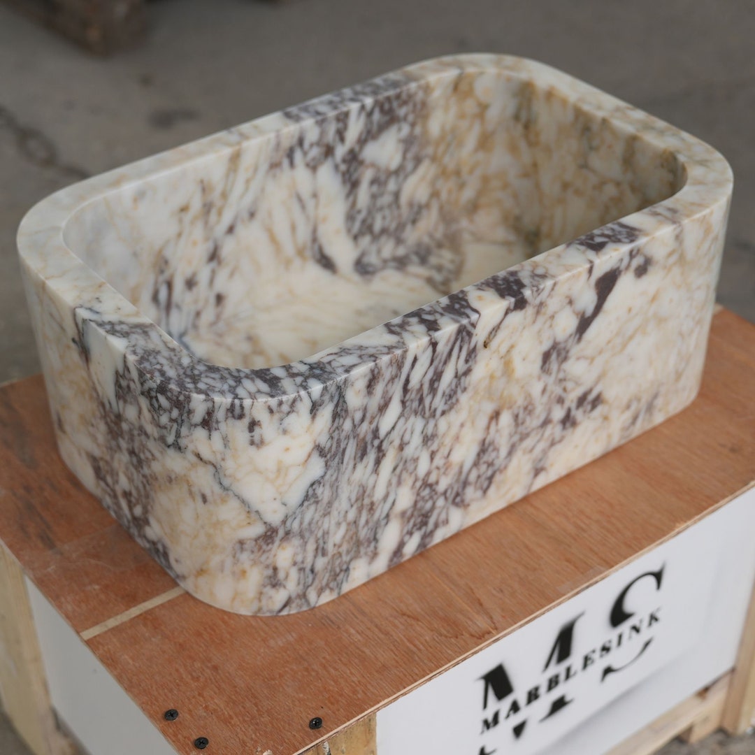 Hand Carved Calacatta Gold Marble Sink: Wall Mount Bathroom Vanity