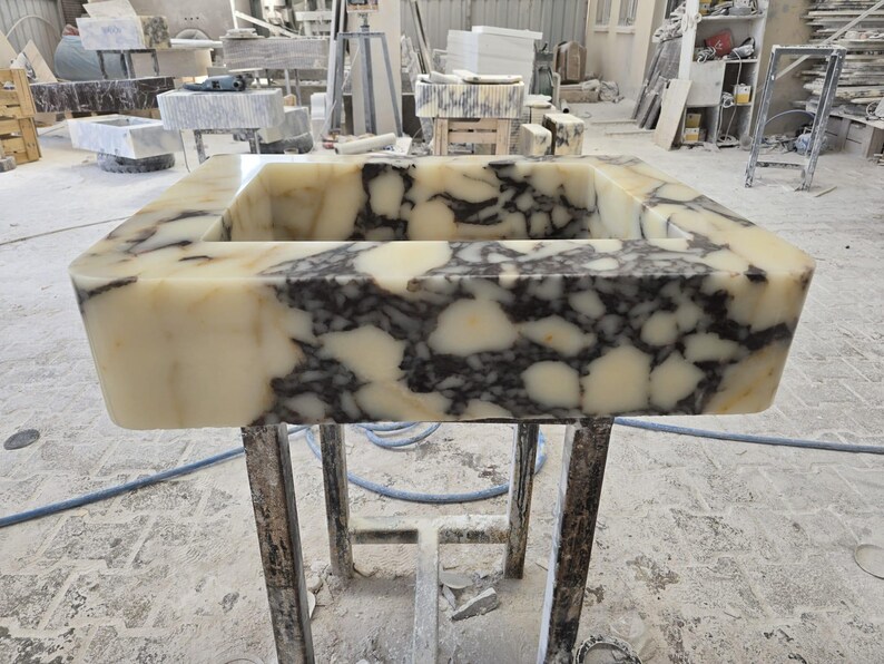 Handmade Calacatta Viola Marble Sink – Custom Wall Mount or Countertop Vanity Basin – Solid Stone Bathroom Sink, Unique Italian Marble Washbasin