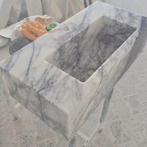 Custom White Marble Floating Sink with Gray Black Veins, Wall Mounted or Countertop Basin, Natural Stone Rectangle Bathroom Vanity