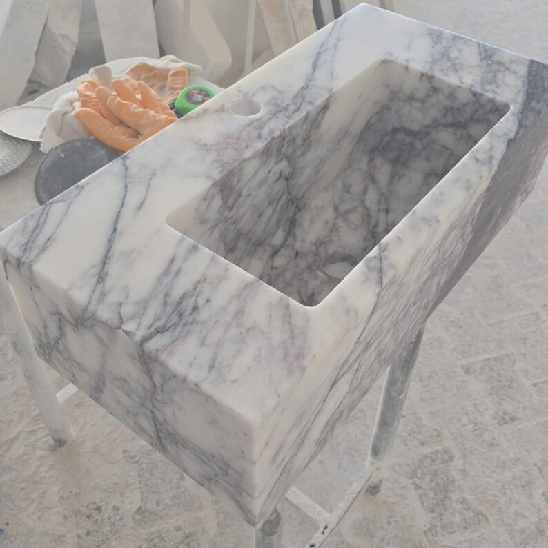 Custom White Marble Floating Sink with Gray Black Veins, Wall Mounted or Countertop Basin, Natural Stone Rectangle Bathroom Vanity