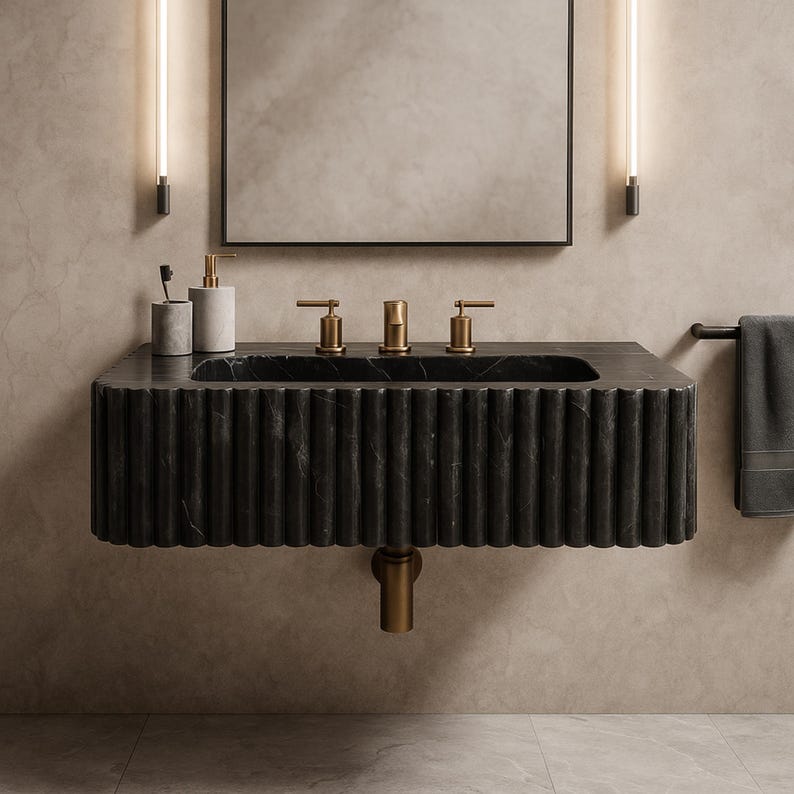 Calacatta Viola marble wall-mount sink with stunning natural veining. Handcrafted floating stone basin with no overflow, single faucet hole. Perfect for luxury bathrooms, interior designers, boutique hotels, and modern renovations. Ideal as a vessel sink, bar sink, or designer washbasin. Unique Italian marble sink for minimalist, high-end bathrooms. Trending marble bathroom decor, handcrafted stone sink.
