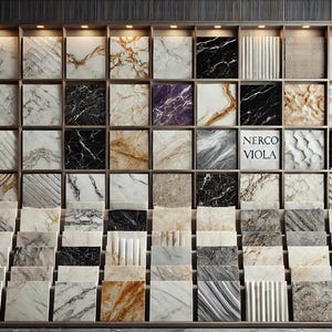 May include: A display of various marble tiles in different colors and patterns. The tiles are arranged in a grid on a wooden shelf. The text "NERCO VIOLA" is visible on one of the tiles.
