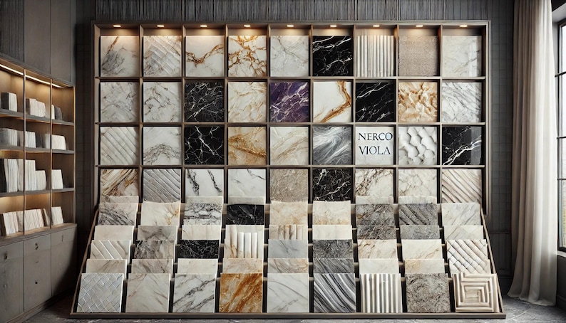 May include: A display of various marble tiles in different colors and patterns. The tiles are arranged in a grid on a wooden shelf. The text "NERCO VIOLA" is visible on one of the tiles.