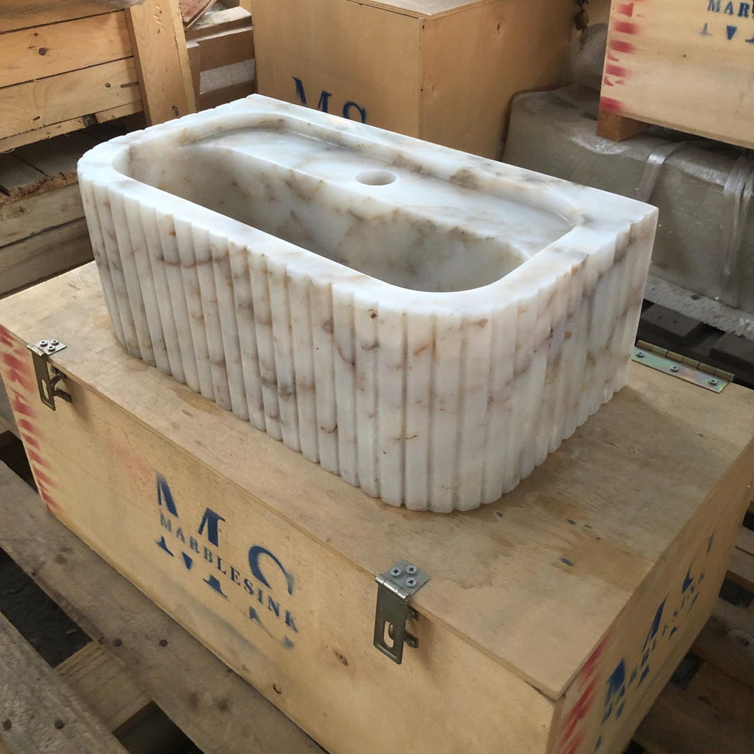 Calacatta Marble Bathroom Sink: Fluted Apron, Wall-Mounted or Vanity